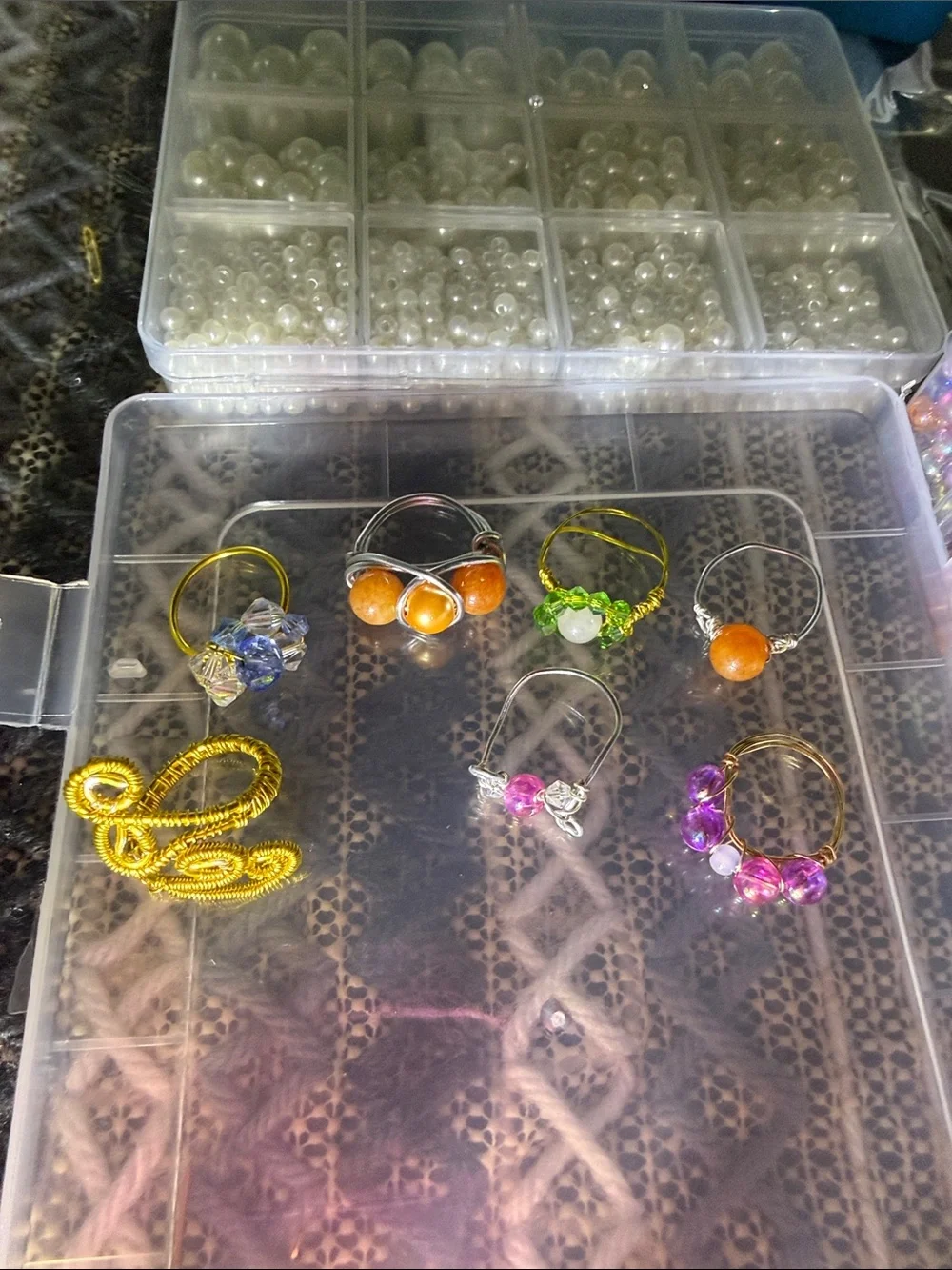 7 Handmade Beaded Wire Rings — Orange, Purple, Pink, Green different sizes